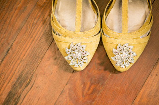 Mustard yellow bridal shoes with jeweled flower accents