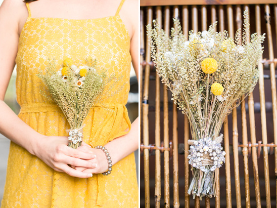 Yellow bridesmaid dress with dried flower bouquet