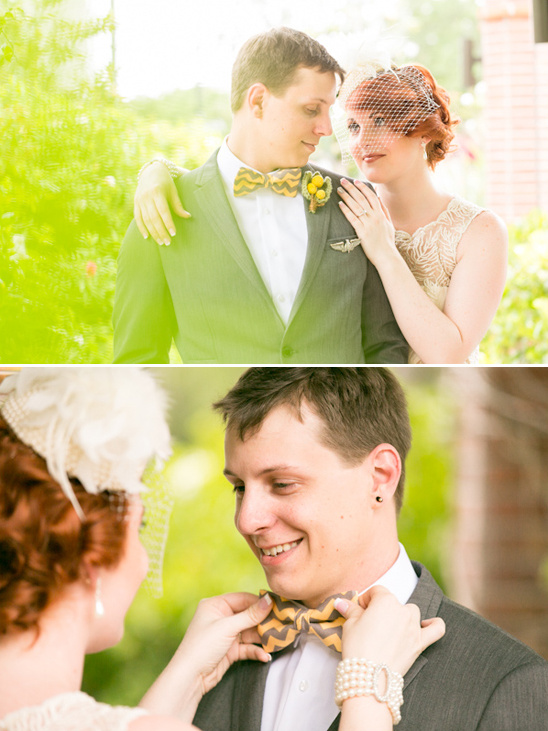 Happy bride and groom in vintage wedding attire
