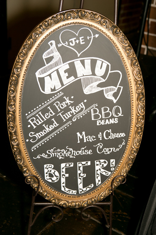 Wedding menu chalkboard: Pulled pork, smoked turkey, BBQ, sides, and beer!