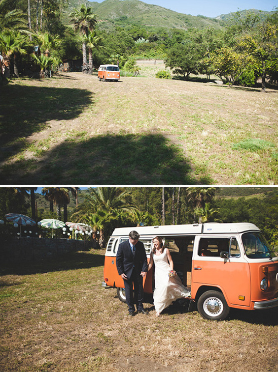 here comes the bride in a VW from Vintage Surfari Wagons