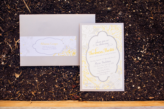 yellow and gray bridal shower invites by Cherish Paperie