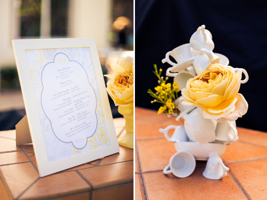 Yellow roses and teacups floral arrangement