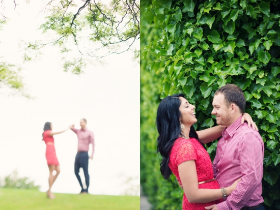Happy couple embracing near lush greenery