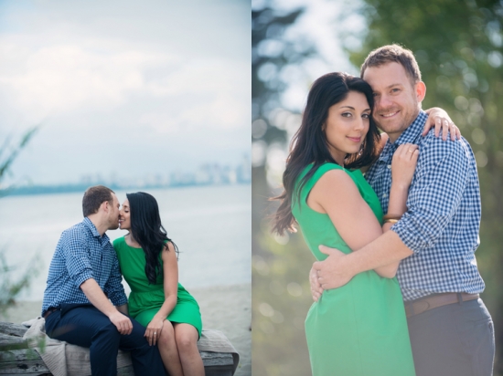 Happy couple embracing near water, romantic engagement photo