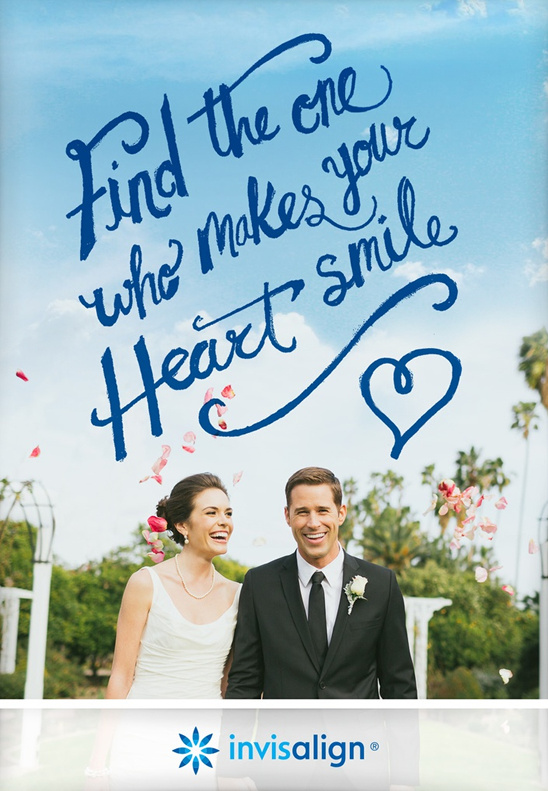 Smiling bride and groom under the text Find the one   Wedding couple