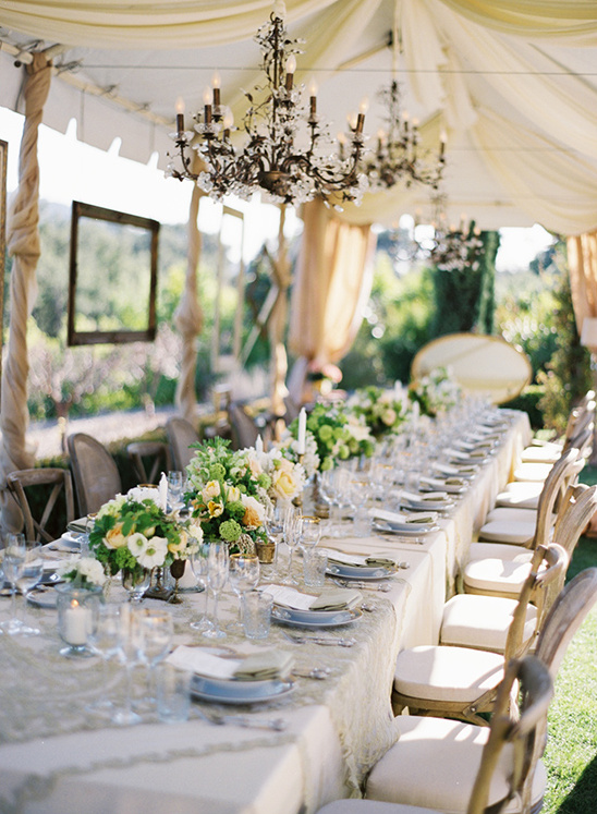 Elegant outdoor wedding reception with floral arrangements