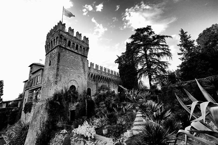 Black and white shot of a majestic castle with lush gardens