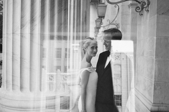 Elegant black and white wedding portrait with couple