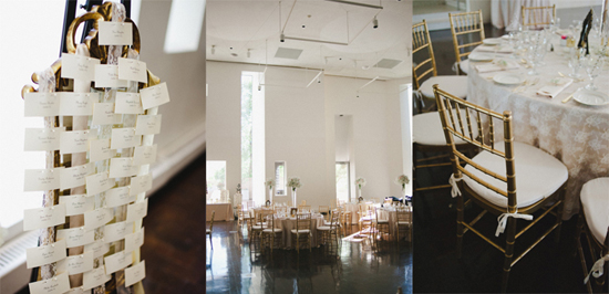 Elegant wedding reception with tables and chairs set up inside