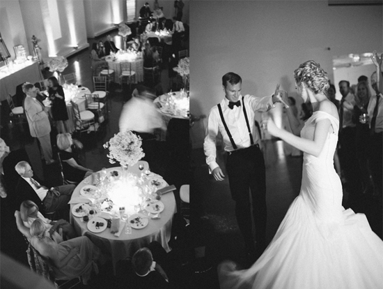 Elegant wedding reception with dancing couple and guests in black and white