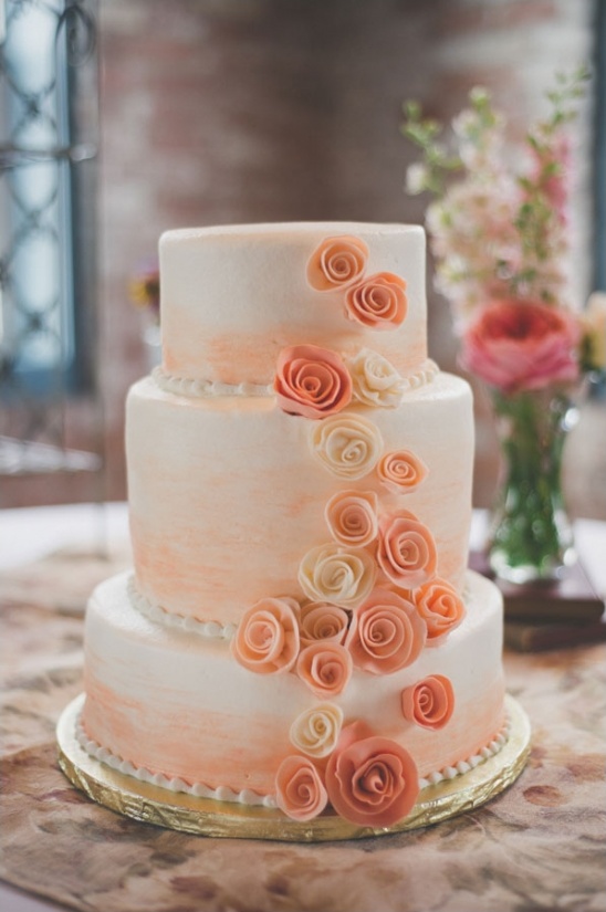 peach and white rose cake by Sweet-Em's Cake Shoppe