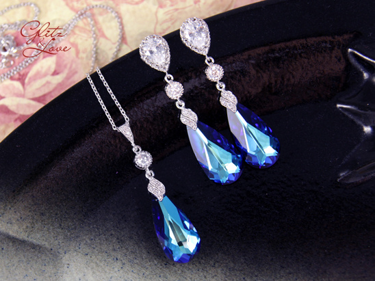 Bermuda Blue Crystal Earrings and necklace, Swarovski
