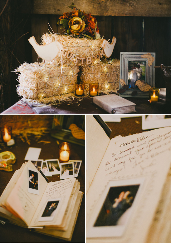 Rustic wedding guest book with photos and decorations