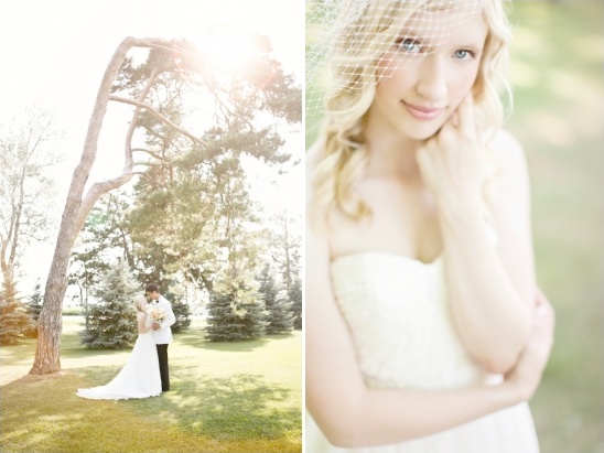Elegant wedding couple in a sunny garden setting with bride
