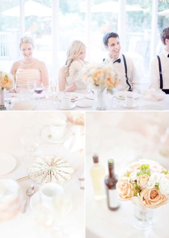 Wedding reception with guests and floral table decorations