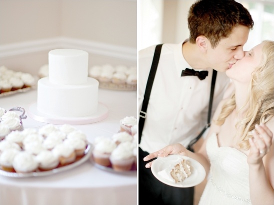 Wedding cake and cupcakes with a newlywed couple sharing a kiss