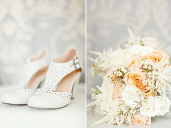 Elegant bridal shoes and a soft, romantic wedding bouquet