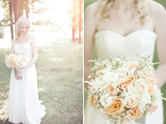 Beautiful bride in white dress holding a flower bouquet outdoors