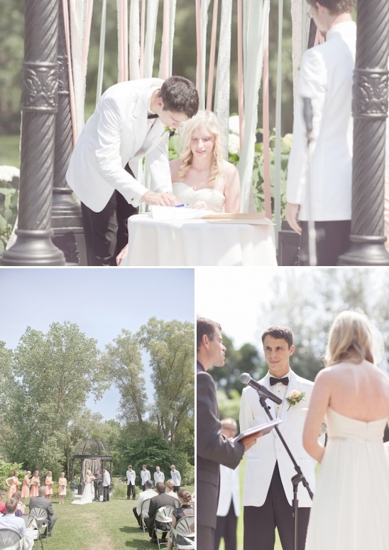 Outdoor wedding ceremony with couple signing documents