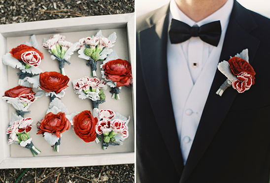 red boutonnieres by Oak and the Owl