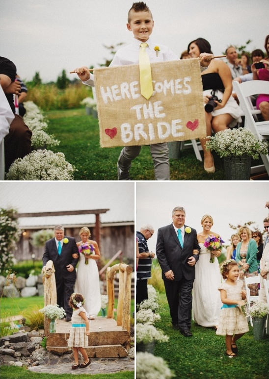 burlap Here Comes The Bride sign