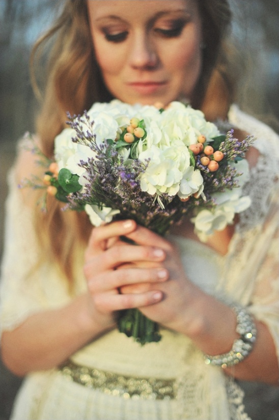 white hydrangea and lavendar wedding bouquet