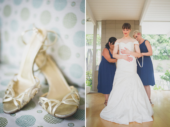 Bride getting ready with shoes on a wedding day