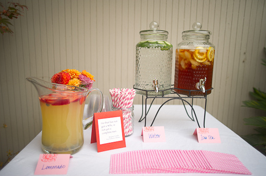 Refreshing drink station with lemonade iced tea and water