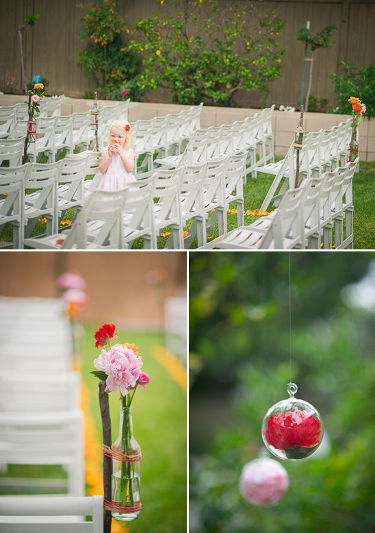 Wedding ceremony setup with rows of chairs and floral decor