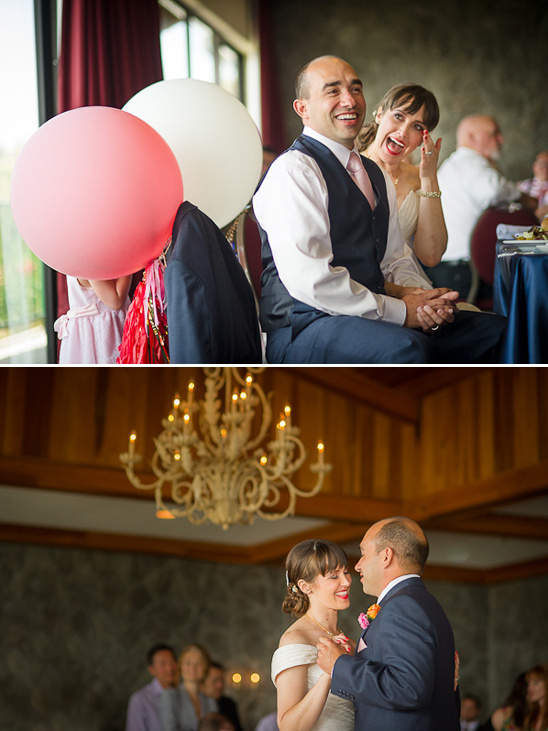 Happy couple laughing at wedding, sharing a dance