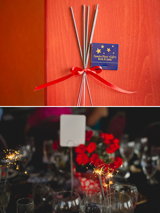 Sparklers at a wedding with red accents and table setting