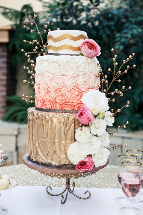 pink and gold wedding cake by The Apothecakery