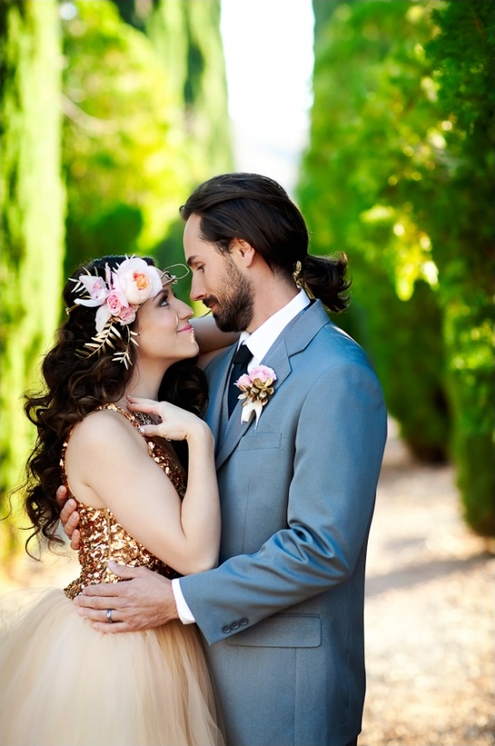 Romantic couple embracing in a garden wedding