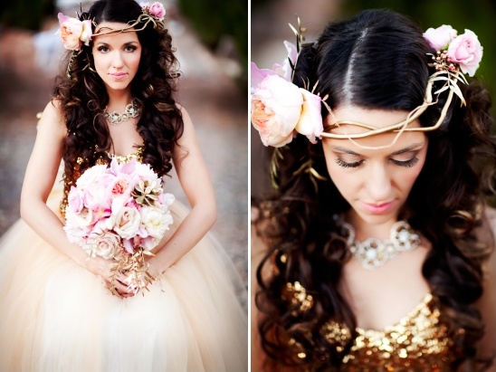 Bride with floral crown and bouquet