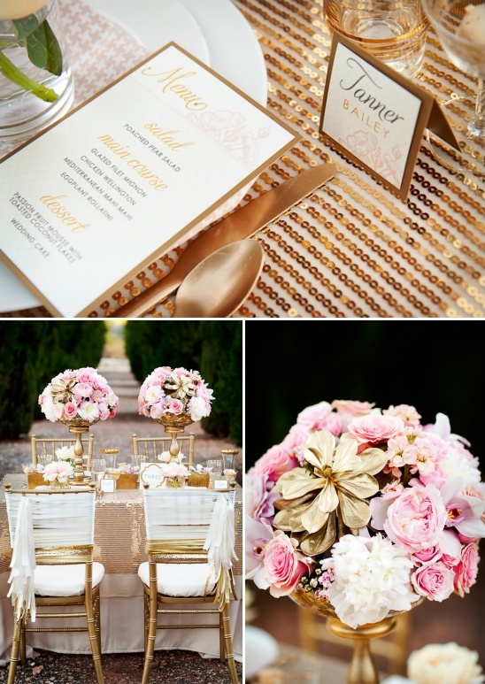 Elegant gold wedding menu and table setting