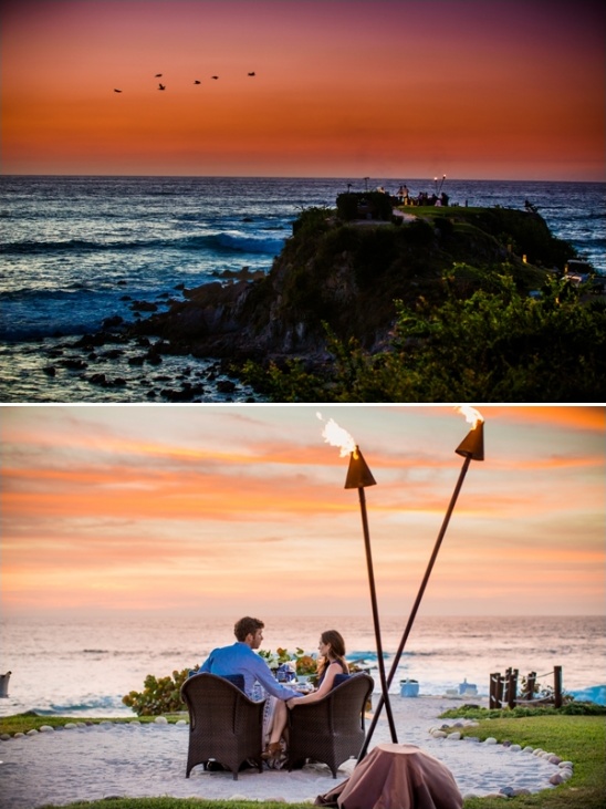 Romantic sunset dinner by the ocean with tiki torches and a couple