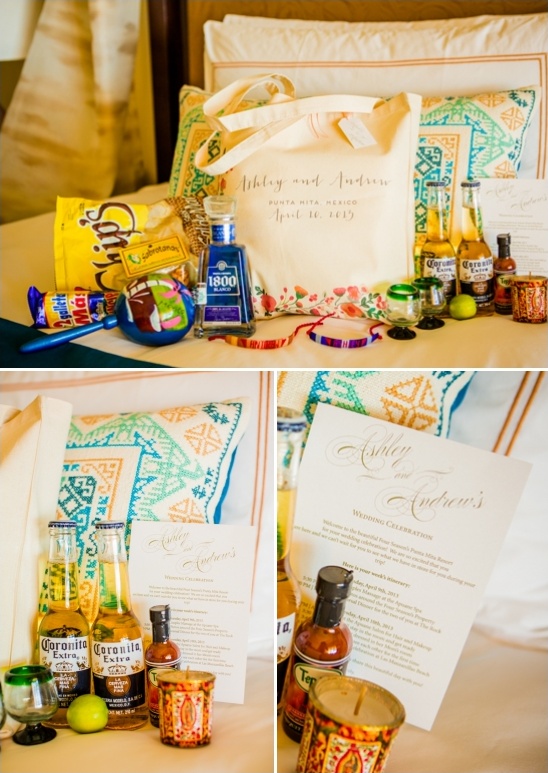 Wedding welcome gifts with Corona, tequila, and snacks