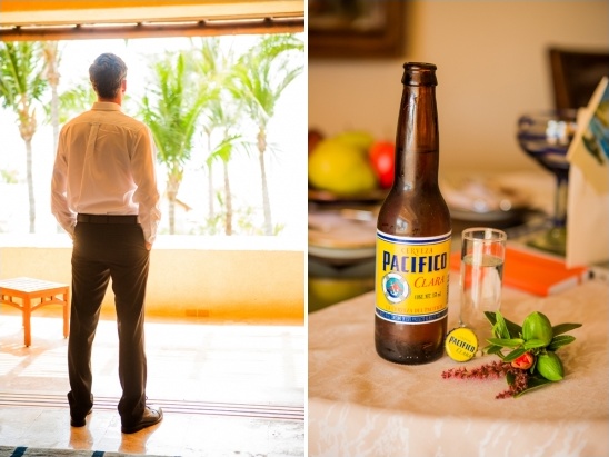 Man looking out window with Pacifico beer on the table