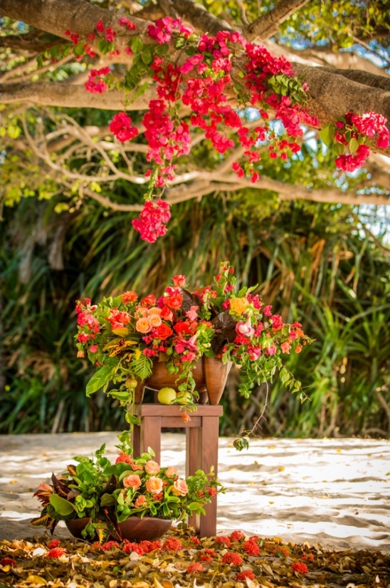 Beautiful red bougainvillea flowers under a flowering tree with bouquets