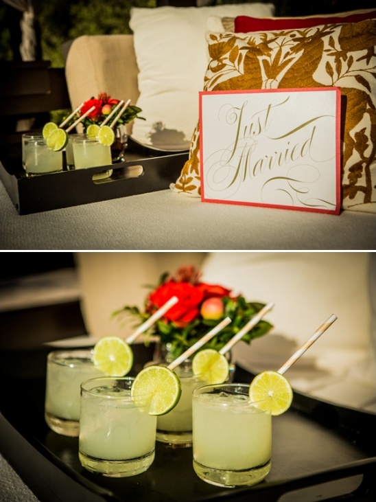 Wedding cocktails with lime and Just Married sign