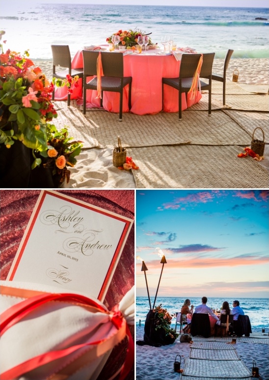 Beach wedding decor featuring table setting and invitation