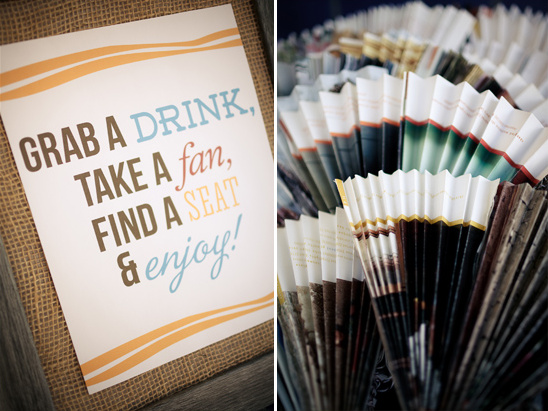 Wedding sign with fans, inviting guests to enjoy the celebration