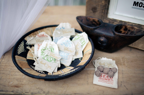 Wedding favors with seed bombs in a decorative basket