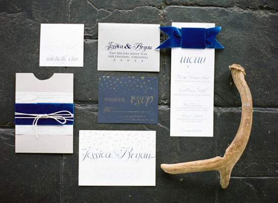 blue velvet wedding invites by Ribbons & Bluebirds