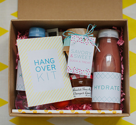 Hangover kit gift box with hydrating drink and sweet treats