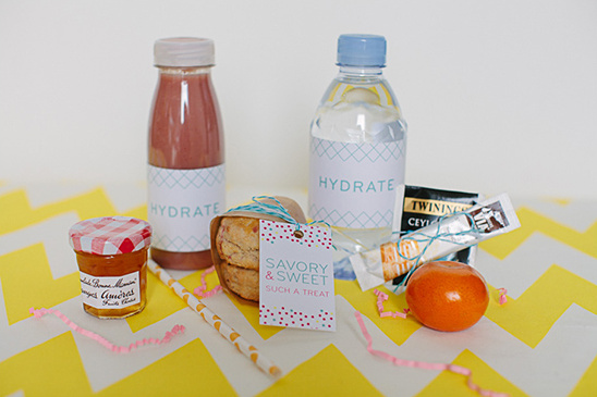 Savory and sweet snack with drinks for a delightful treat on yellow