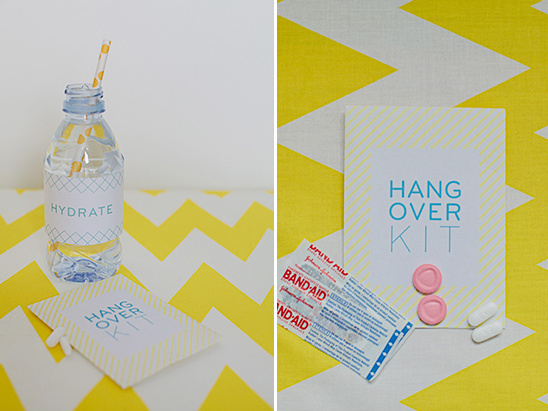 Hangover kit with water pills band aids on yellow chevron background