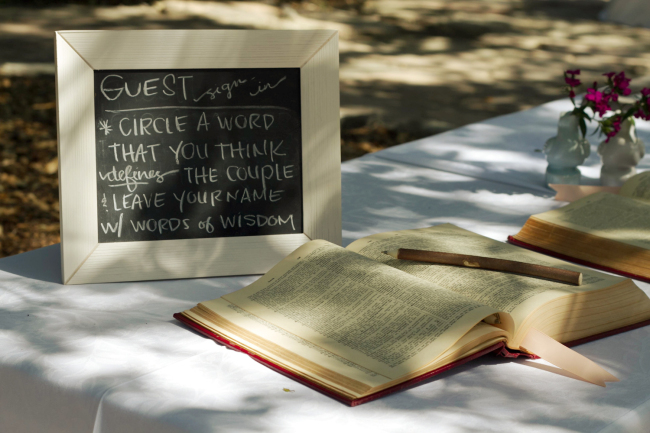 Wedding guest sign-in with chalkboard and open books for wishes