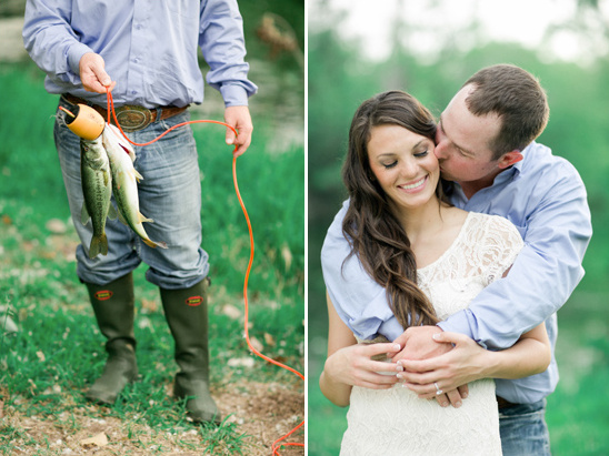 Couple celebrates with fishing and a sweet embrace in nature